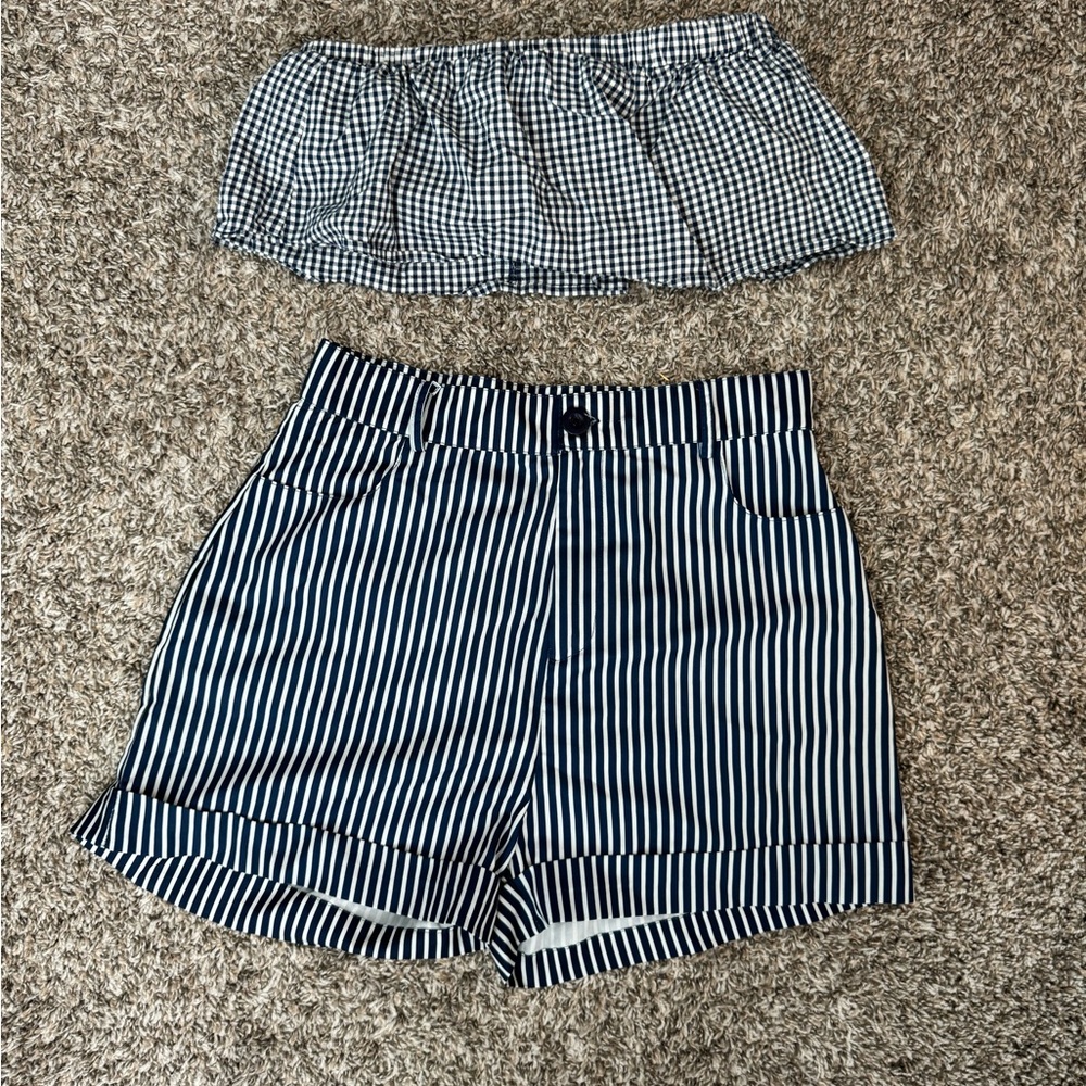 Urban outfitters Checkered bandeau with striped high waisted shorts